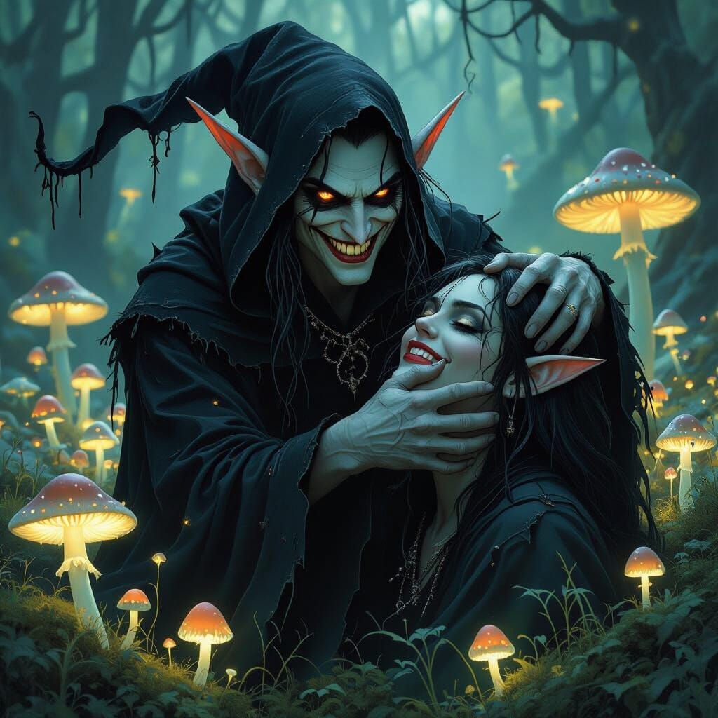 Sinister Elf in Mushroom Field, Dark Fantasy Art