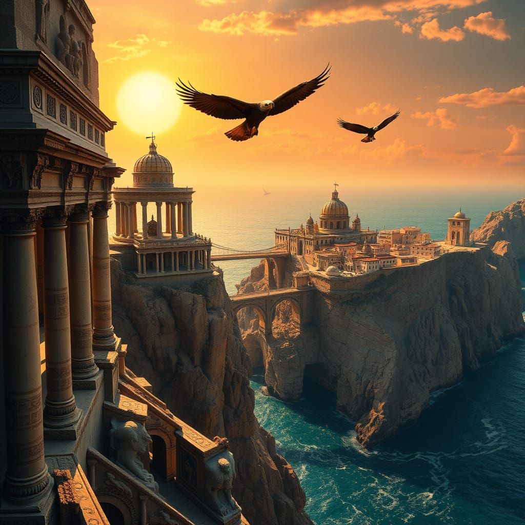 Majestic Ancient Cityscape in Dreamlike Surrealist Style