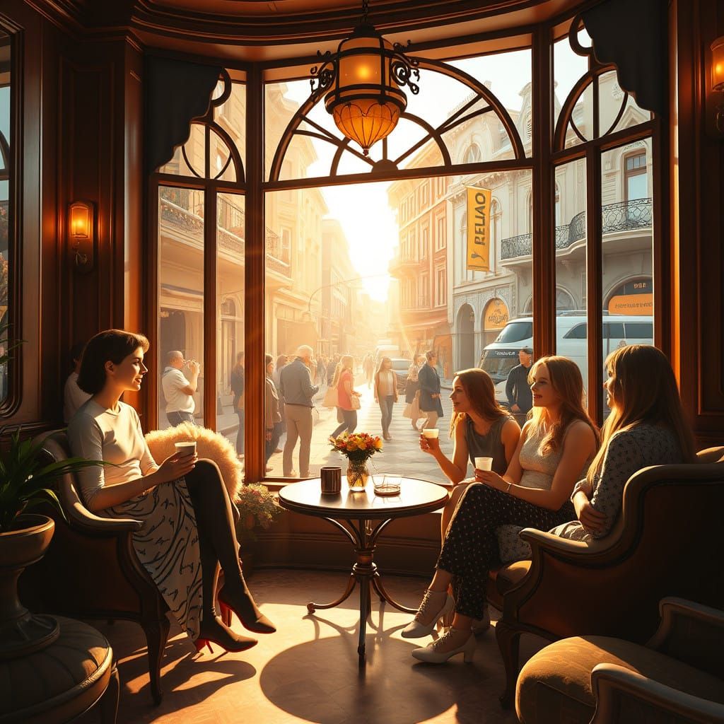 Luxurious Coffee Lounge Scene with Vibrant Downtown Morningt...
