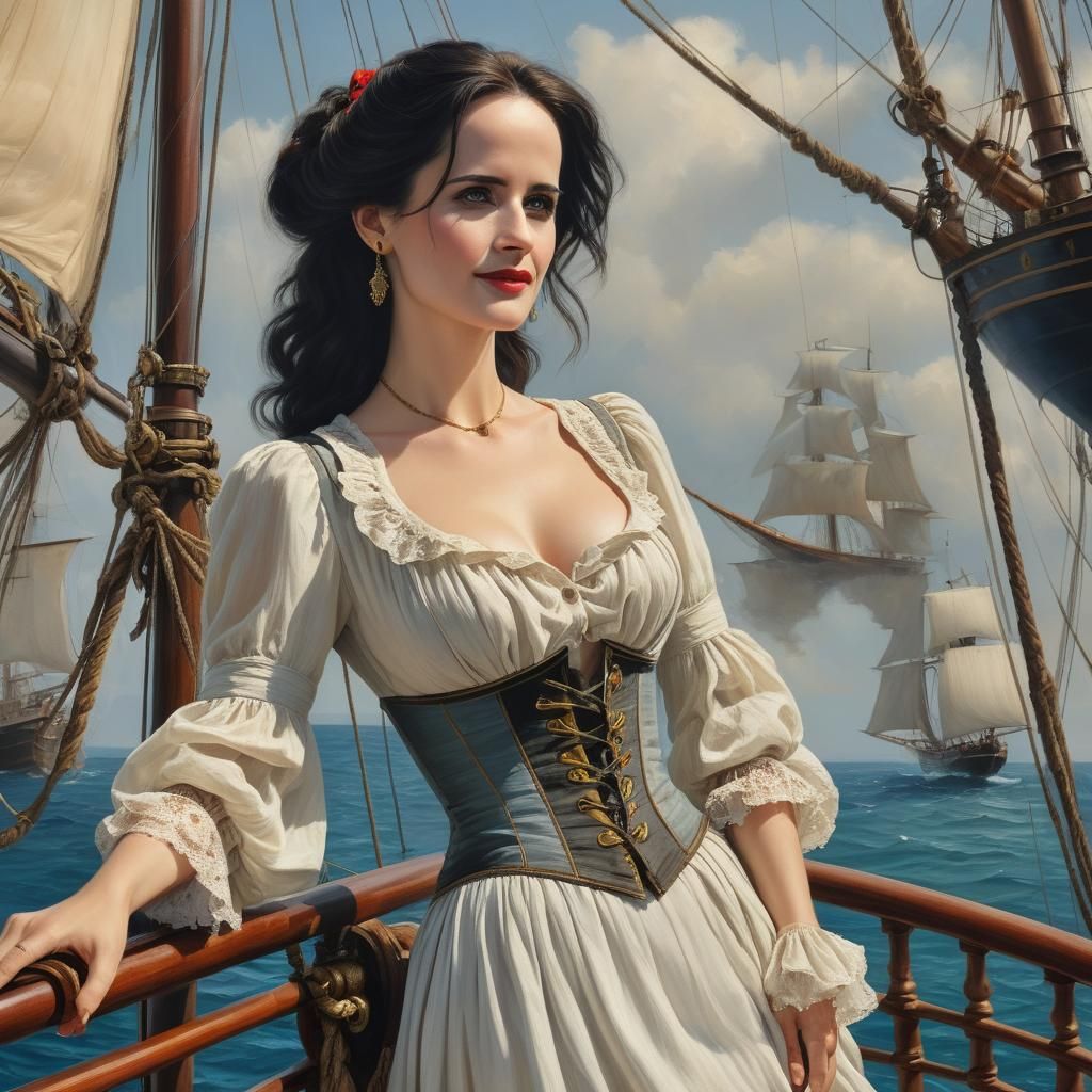Glamorous Pirate Woman on Deck, Precisionist Oil Painting
