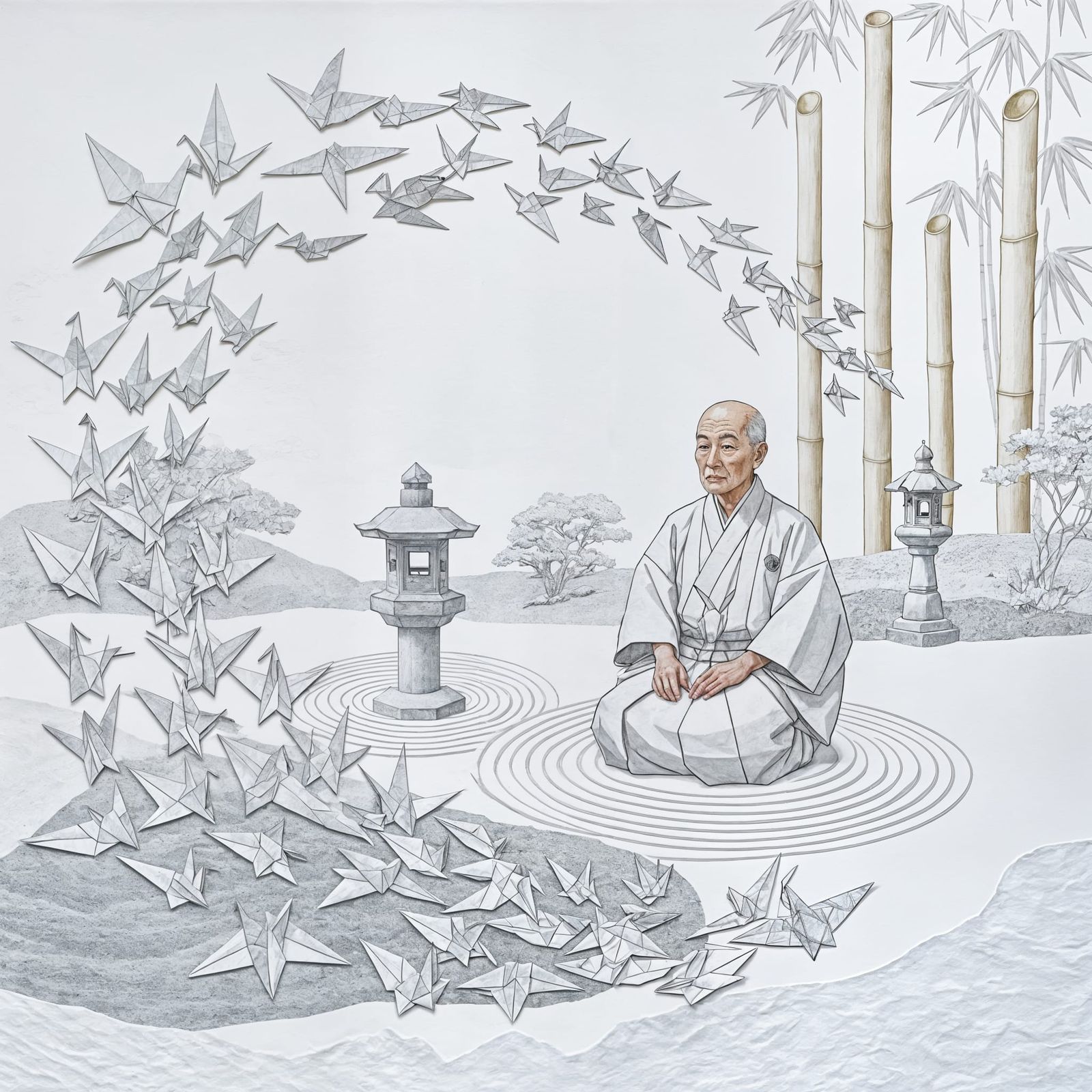 Zen Garden Origami Master in Hokusai Style Collage