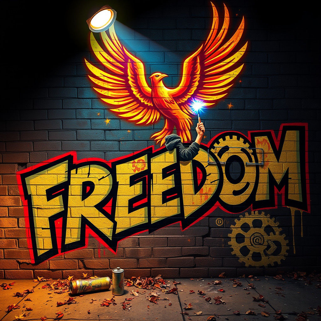 Urban Graffiti Mural with Neon "FREEDOM" in Digital Art