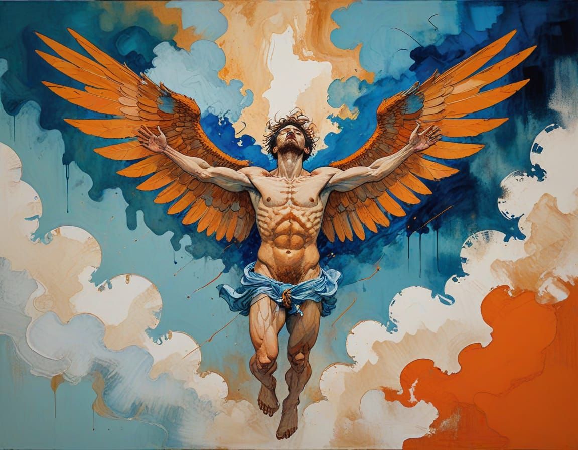 Whimsical Icarus Falls in Vibrant, Expressive Art