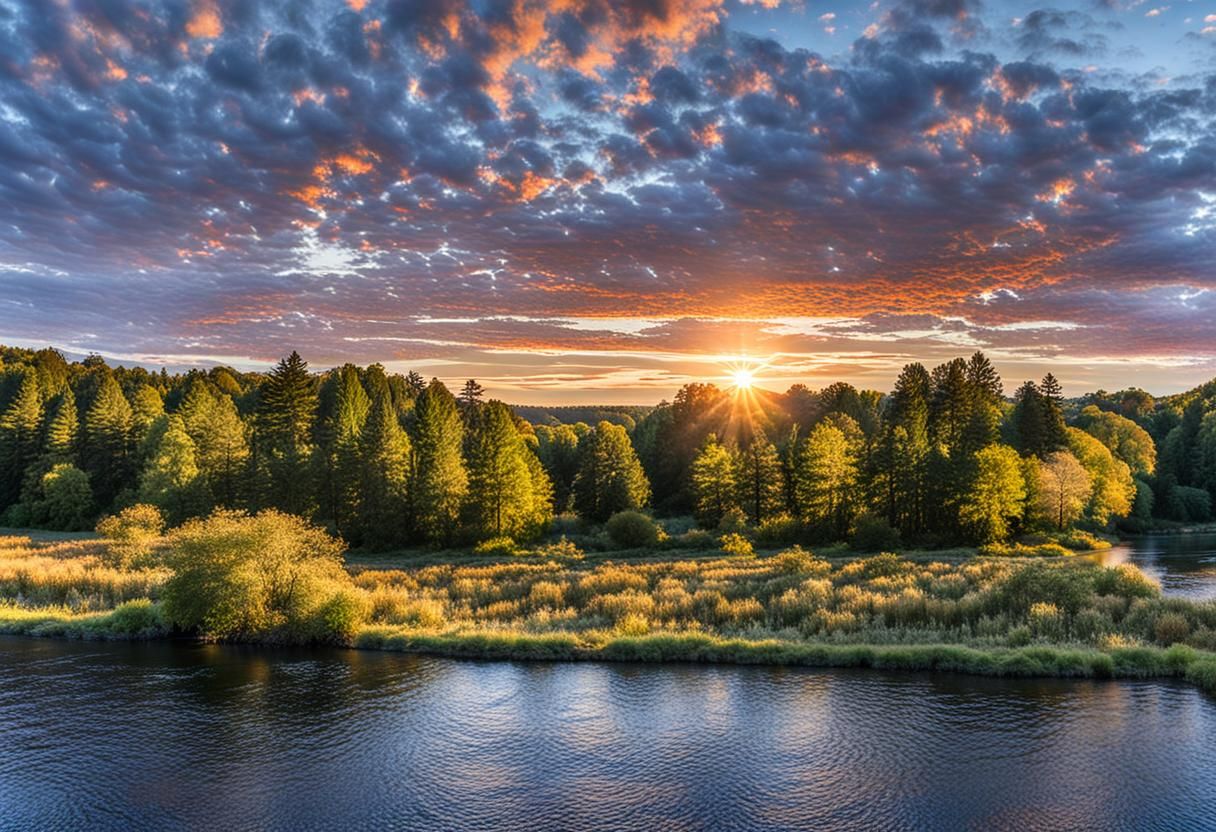 Picturesque Sunrise Over Tranquil River