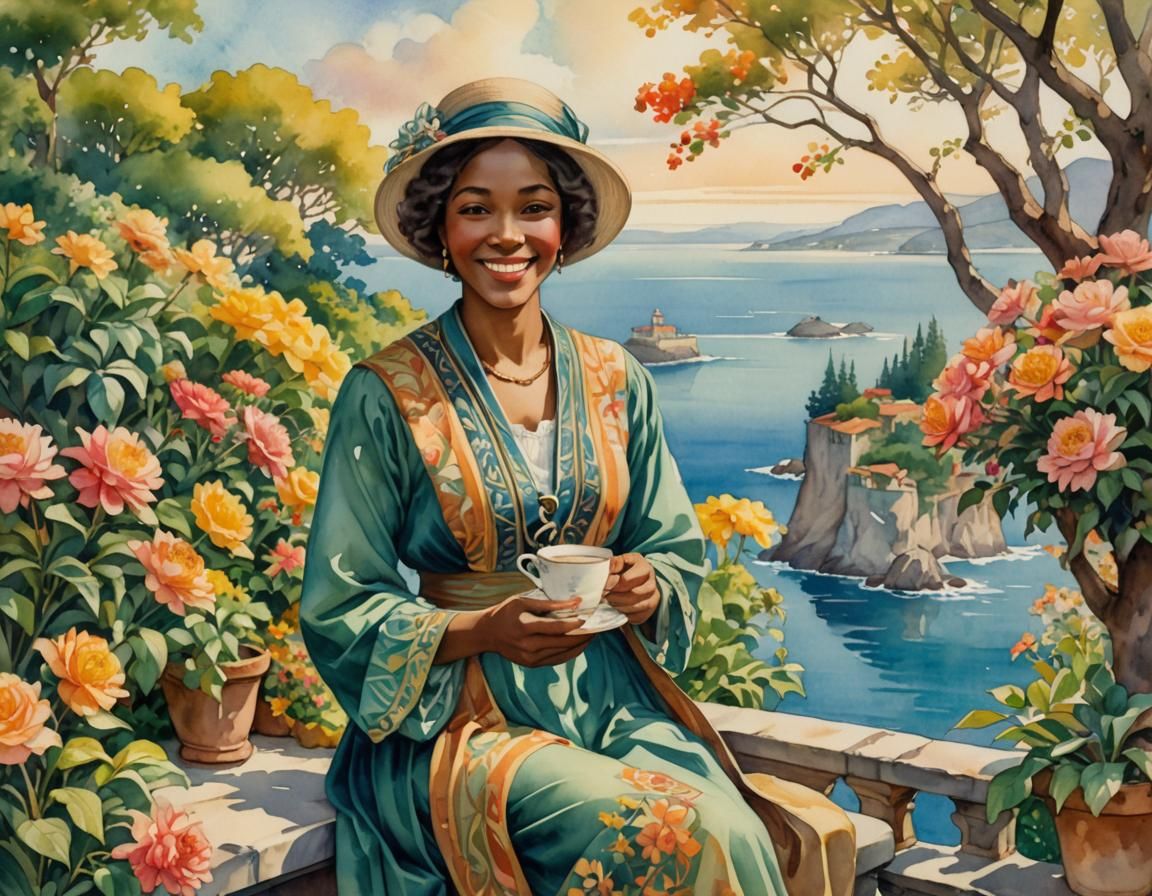 Elegant Woman with Tea, Watercolor Garden Scene