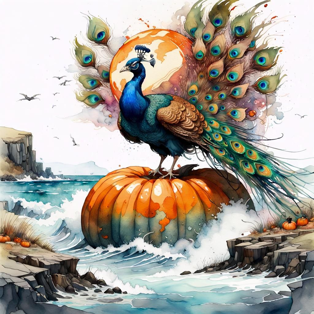 Cyborg Peacock on Stormy Island, Watercolor Illustration