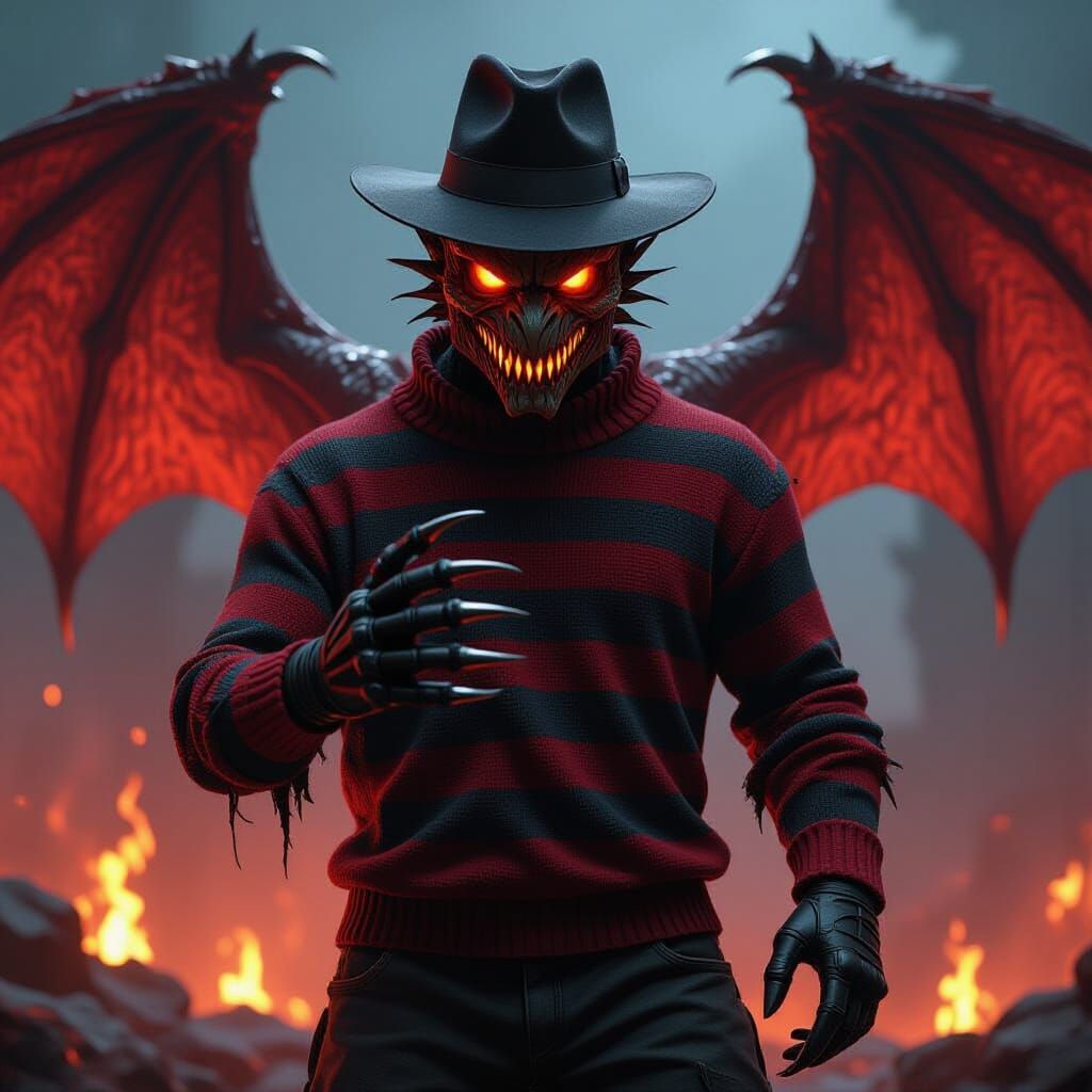 Dragon Freddy Krueger Hybrid in Fiery Nightmare Landscape