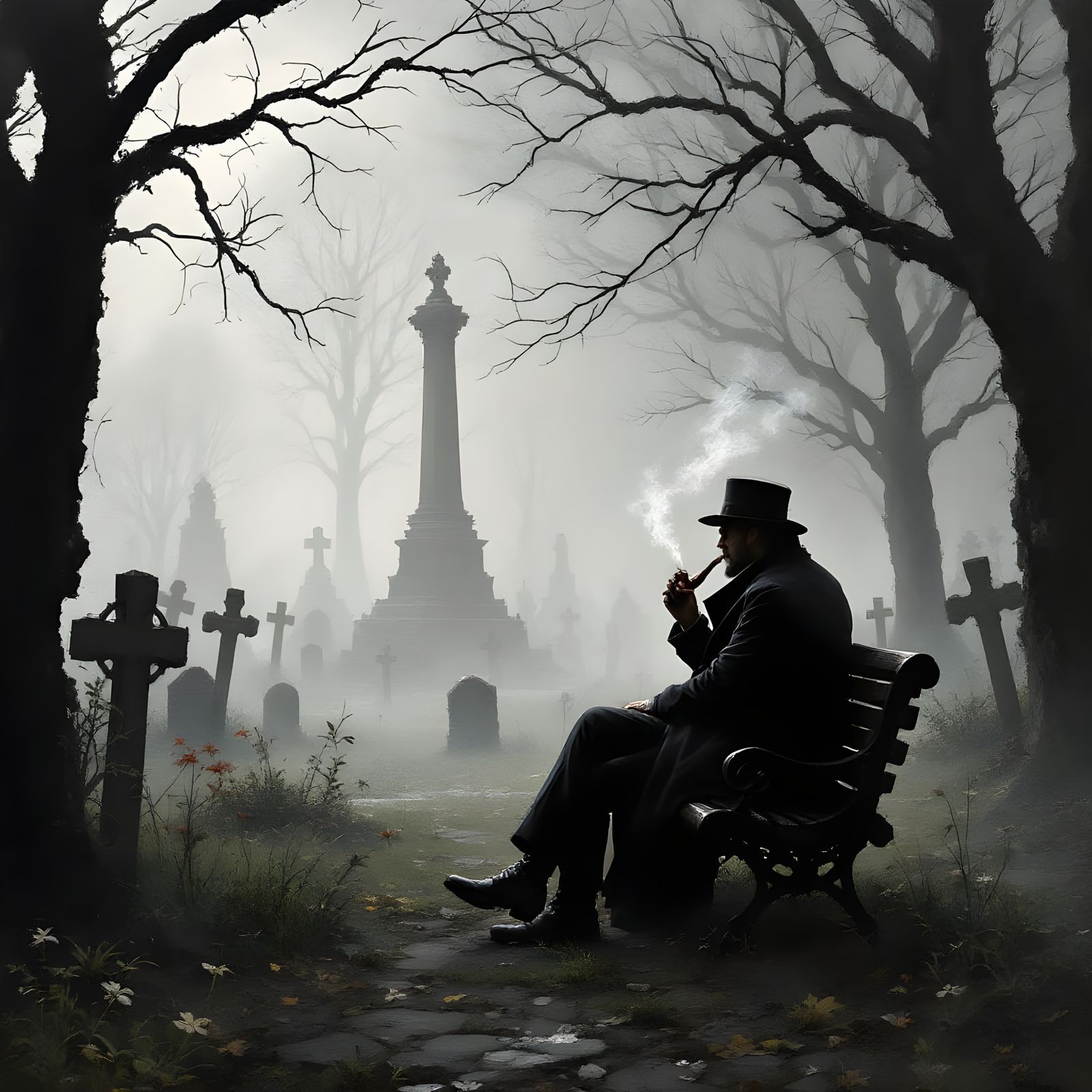 Steampunk Gentleman Contemplates Foggy Twilight in a Graveya...