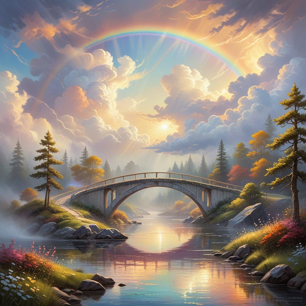 Whimsical Rainbow Bridge Across Heavenly Clouds