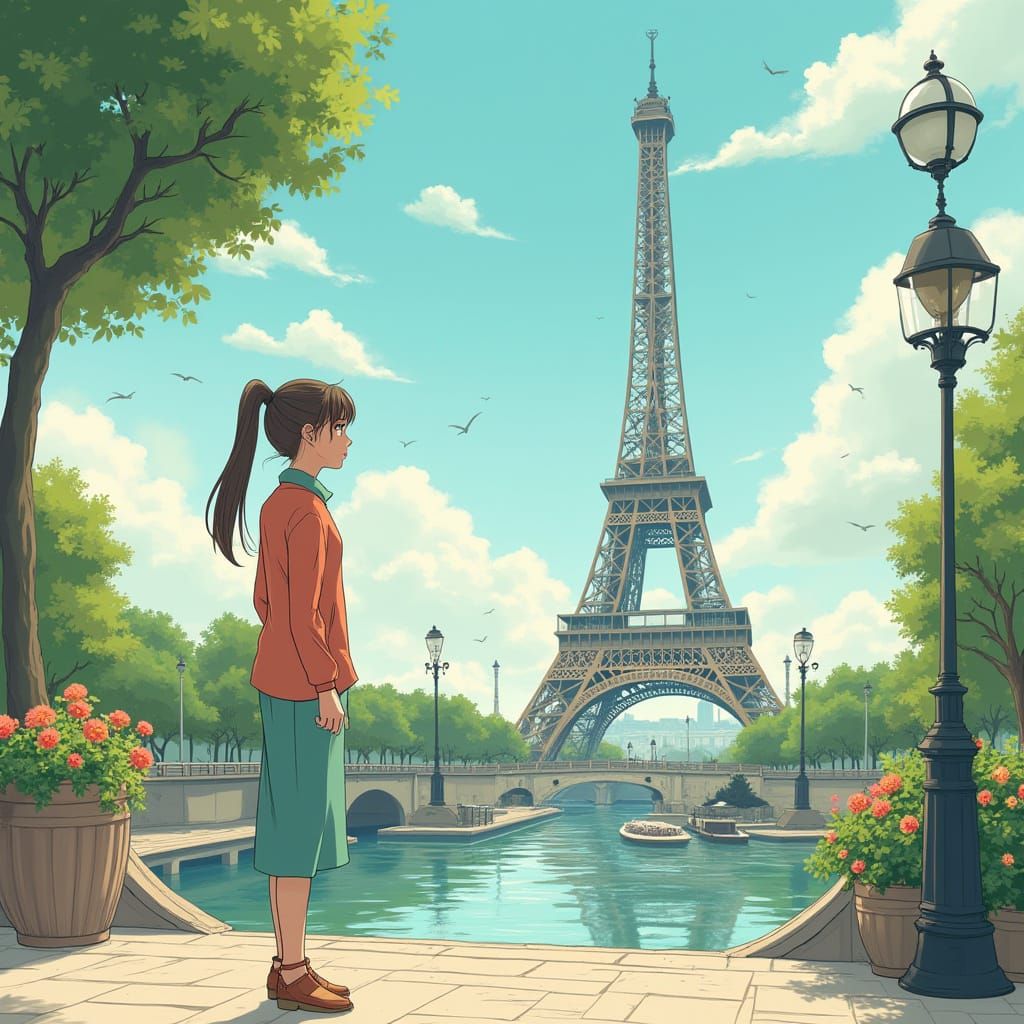 Futuristic Paris Scene in Ghibli Animation Style