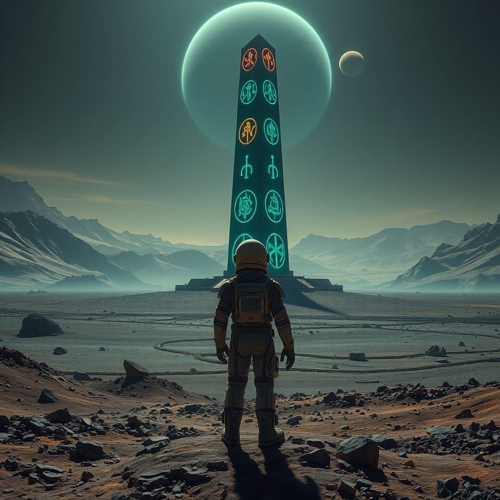 Astronaut and Alien Obelisk on Barren Planet