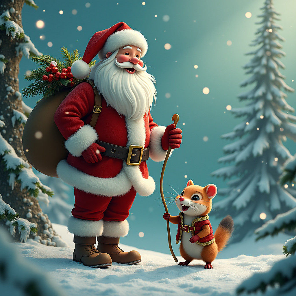 Santa Claus and Ferret in Winter Wonderland