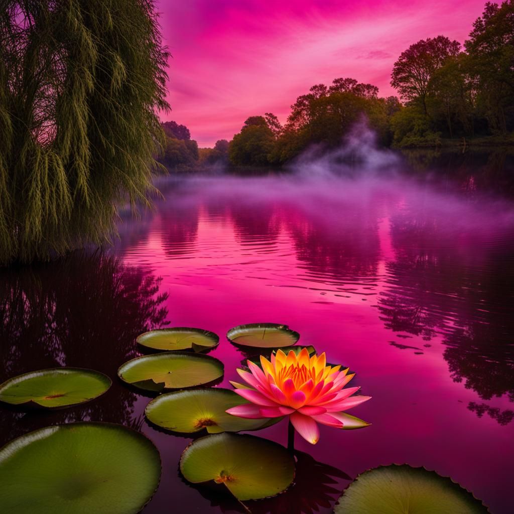 Surreal Pink Water Lily with Burning Trees