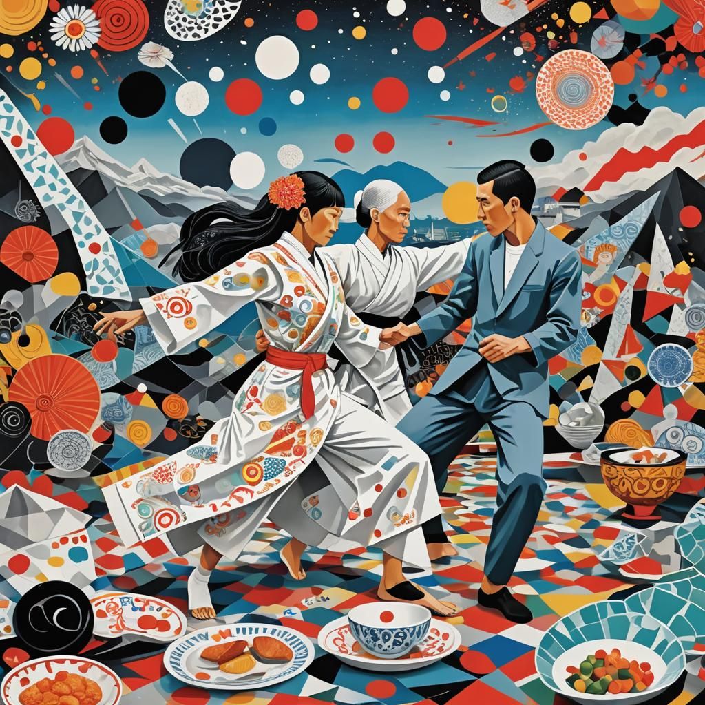 Bride and Groom Karate Battle in Cubist Art Style
