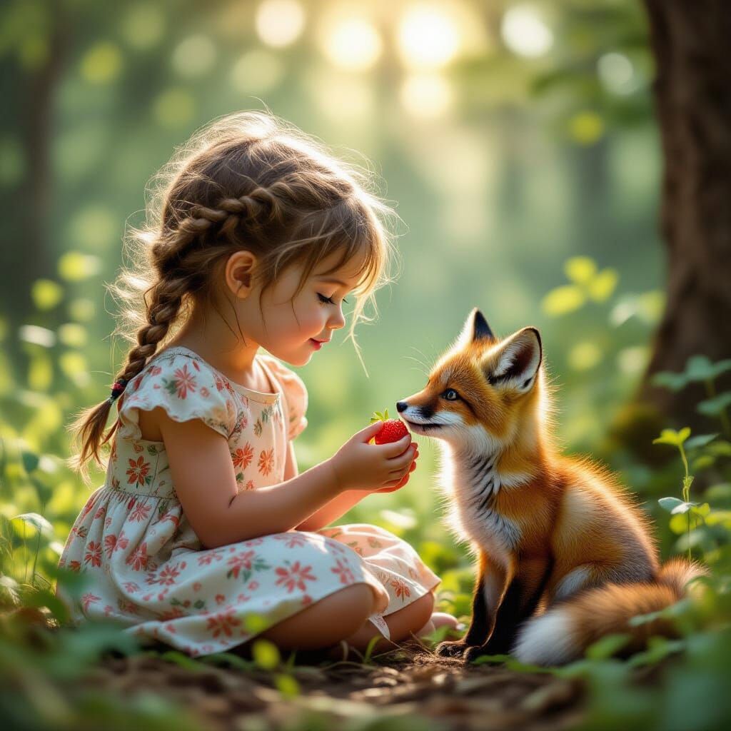 Girl Offers Strawberry to Fox Kit: Photorealistic Scene