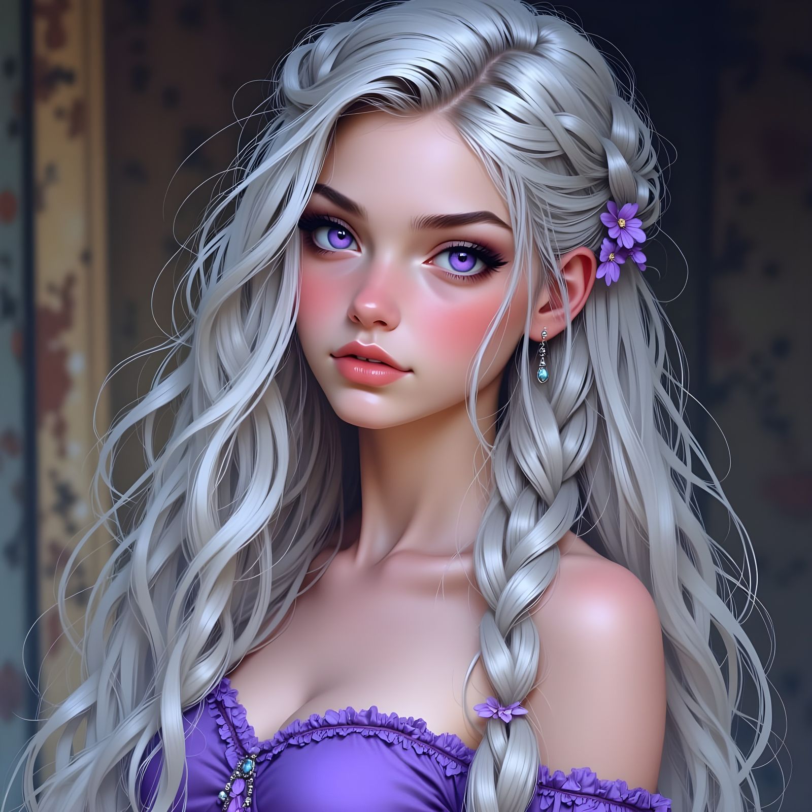 Norse Goddess Portrait with Violet Eyes and Silver Hair