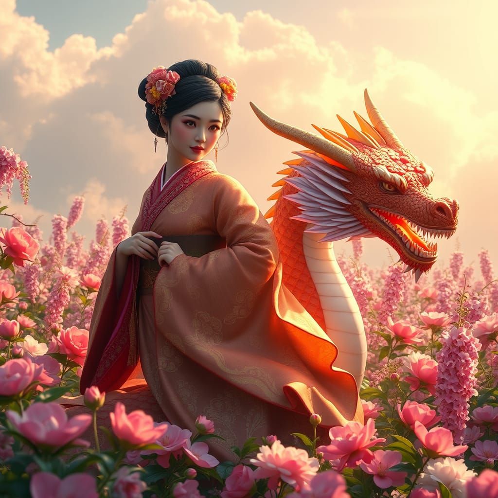 Geisha Rides Dragon Through Cherry Blossom Field