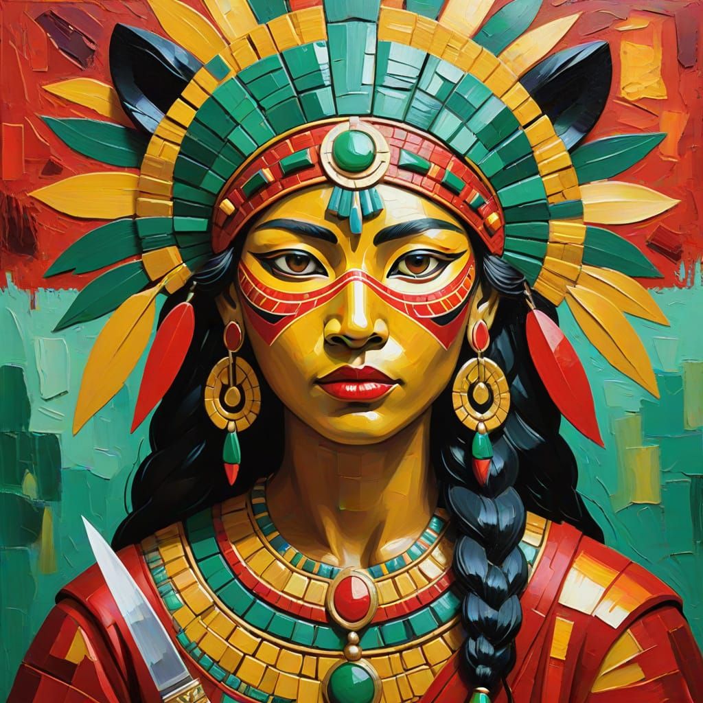 Inca Goddess with Jaguar Mask: Impasto Oil Painting
