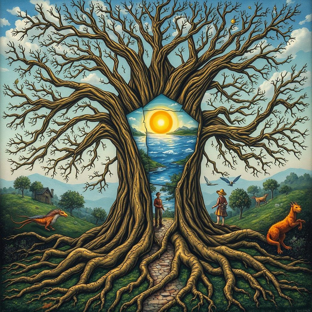 Tree Portal to Mystical Realms with Cracked Mirrors and Fant...