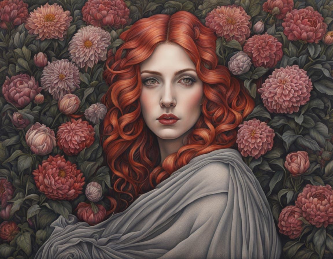 Gothic Woman Portrait with Flowers in Colored Pencil