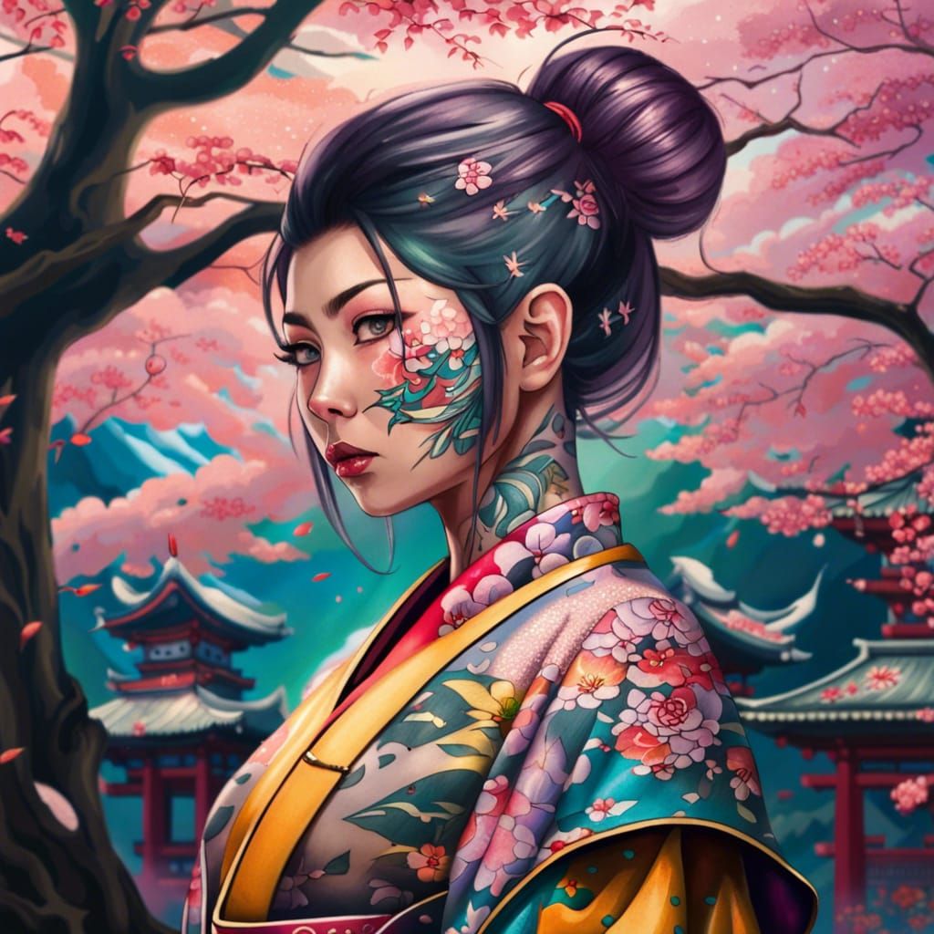 Colorful Tattooed Girl in Kimono with Sakura Trees