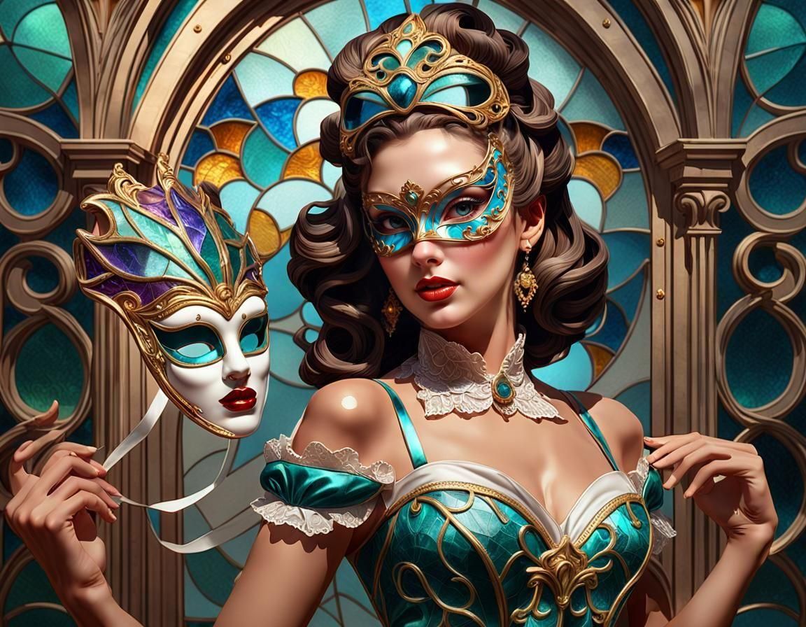 Alberto Vargas inspired Embossed, pin up girl holding a Vene...