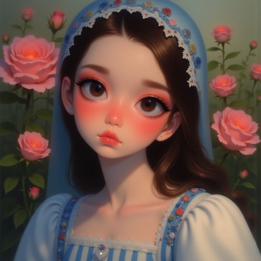 Freckled Princess Portrait with Blue Headscarf, Hyperrealist...