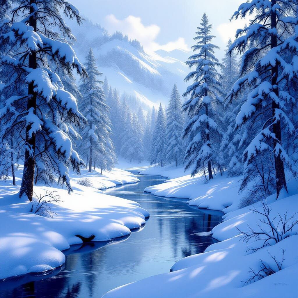 Serene Winter Forest Landscape with Frozen River