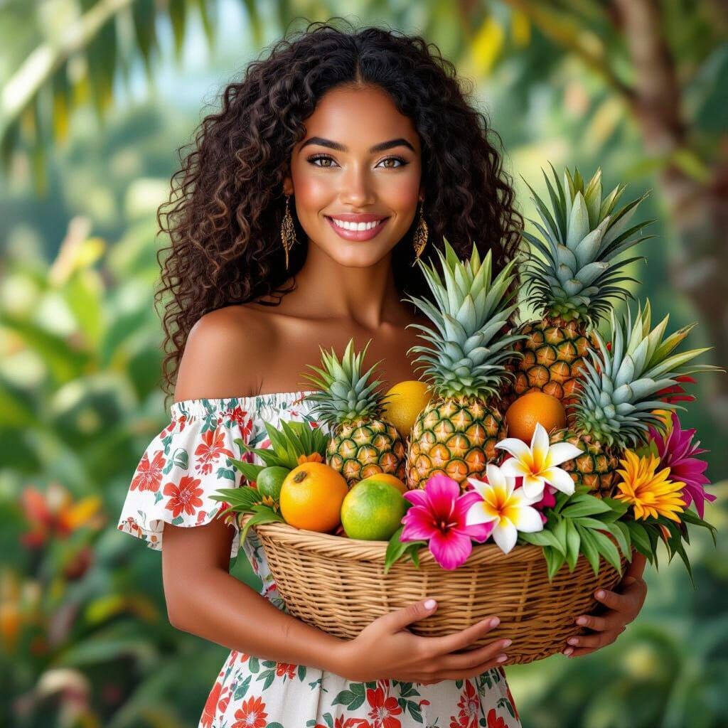 "Anu-anua"  The Tahitian beauty with her vibrant fruits and flowers.