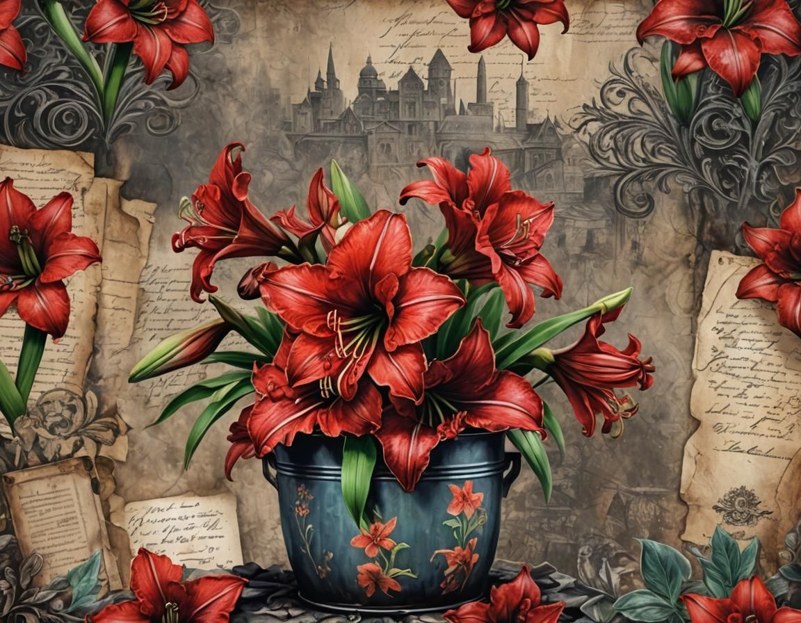 Amaryllis Flower in Tin Pot: Mixed Media Illustration