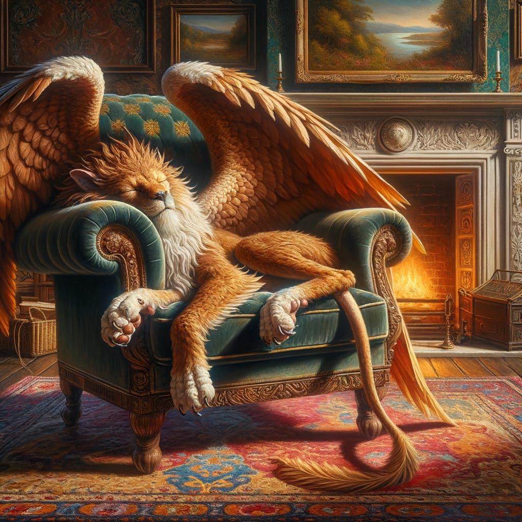 Griffin Napping in Firelit Armchair