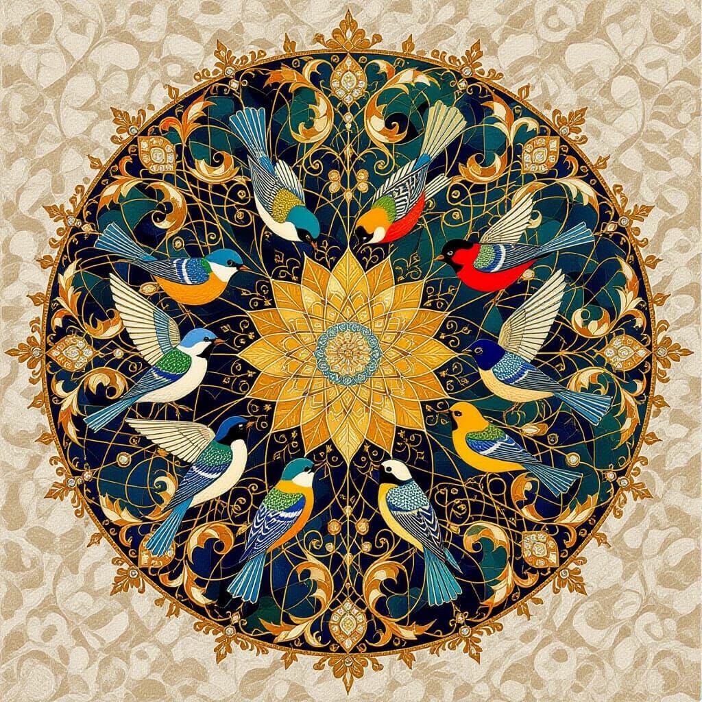 Vibrant Songbirds Mosaic in Art Nouveau Style
