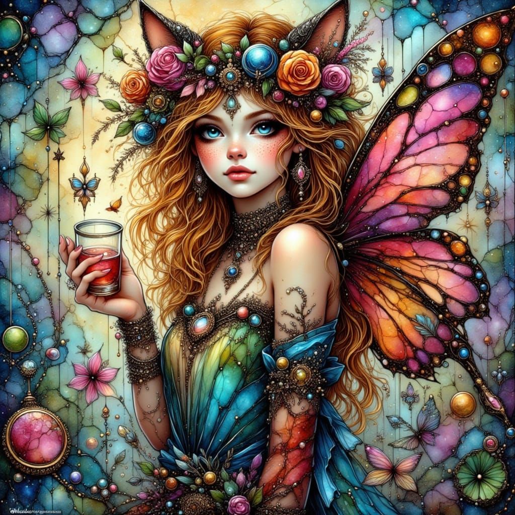 Fairy Punk Cat Woman in Stained Glass Style