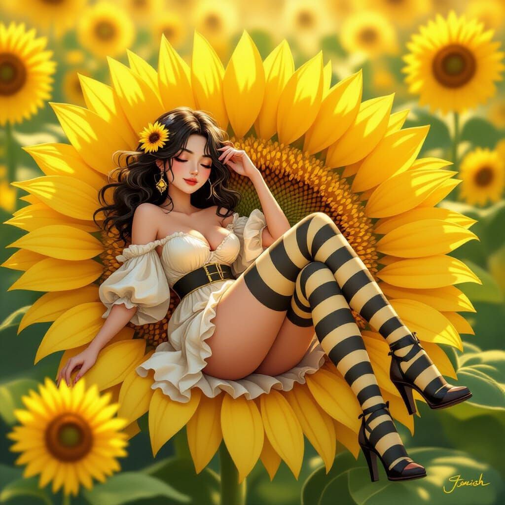 Bumblebee Woman Lounging on Sunflower Bed in Dreamy Style