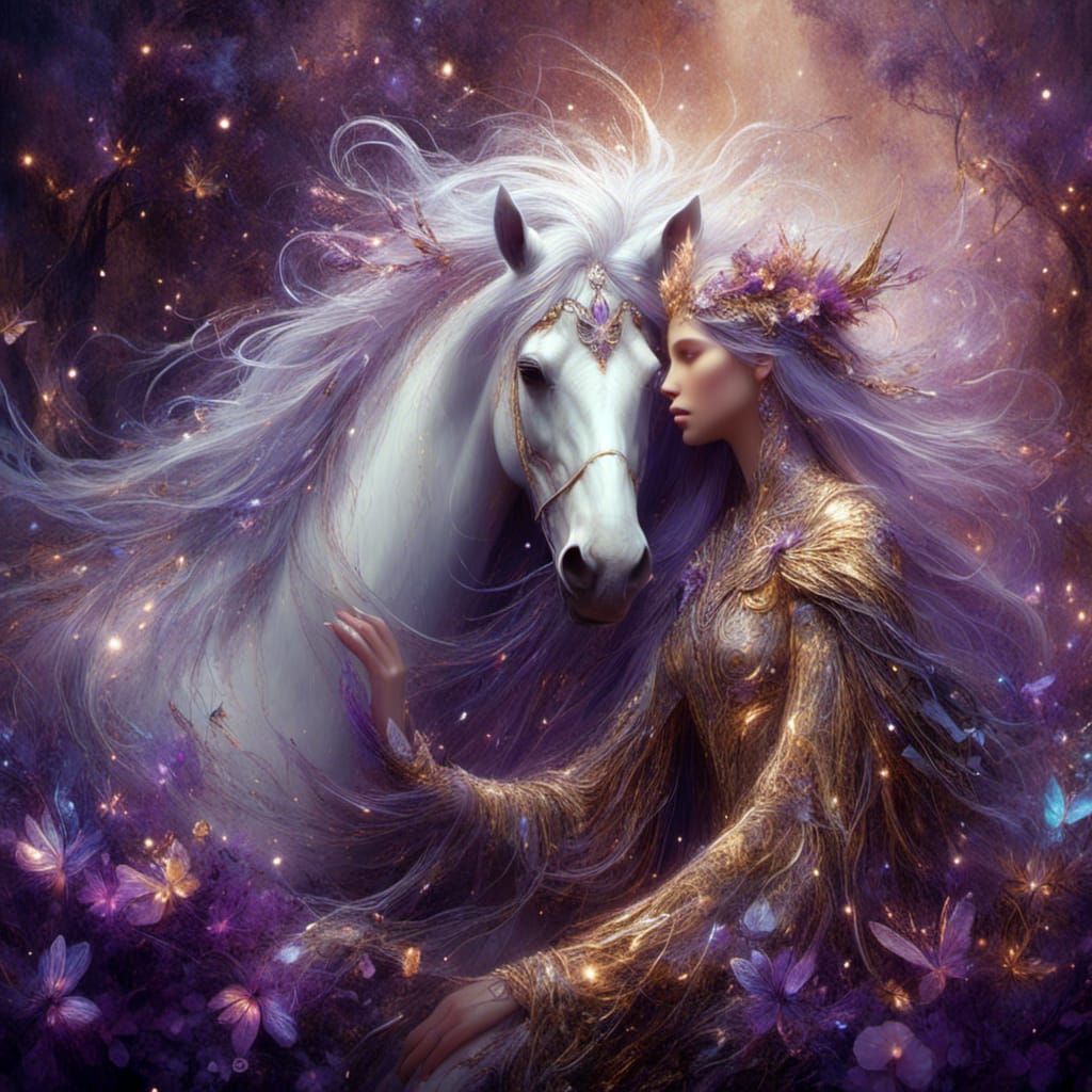 Fairy Warrior and Horse in Loving Embrace