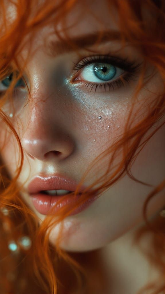 Ethereal Woman with Red Curly Hair and Sad Blue Eyes