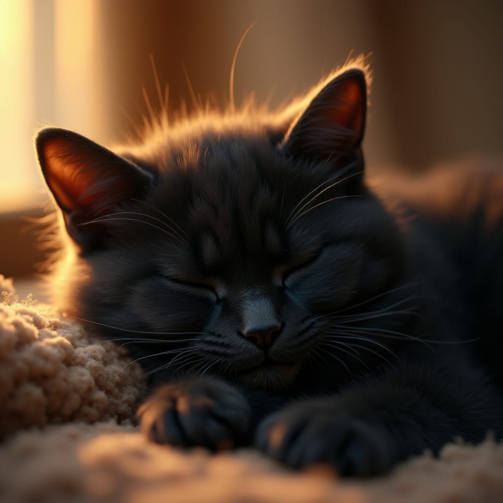 Peaceful Black Cat Sleeping: Photorealistic Macro Image