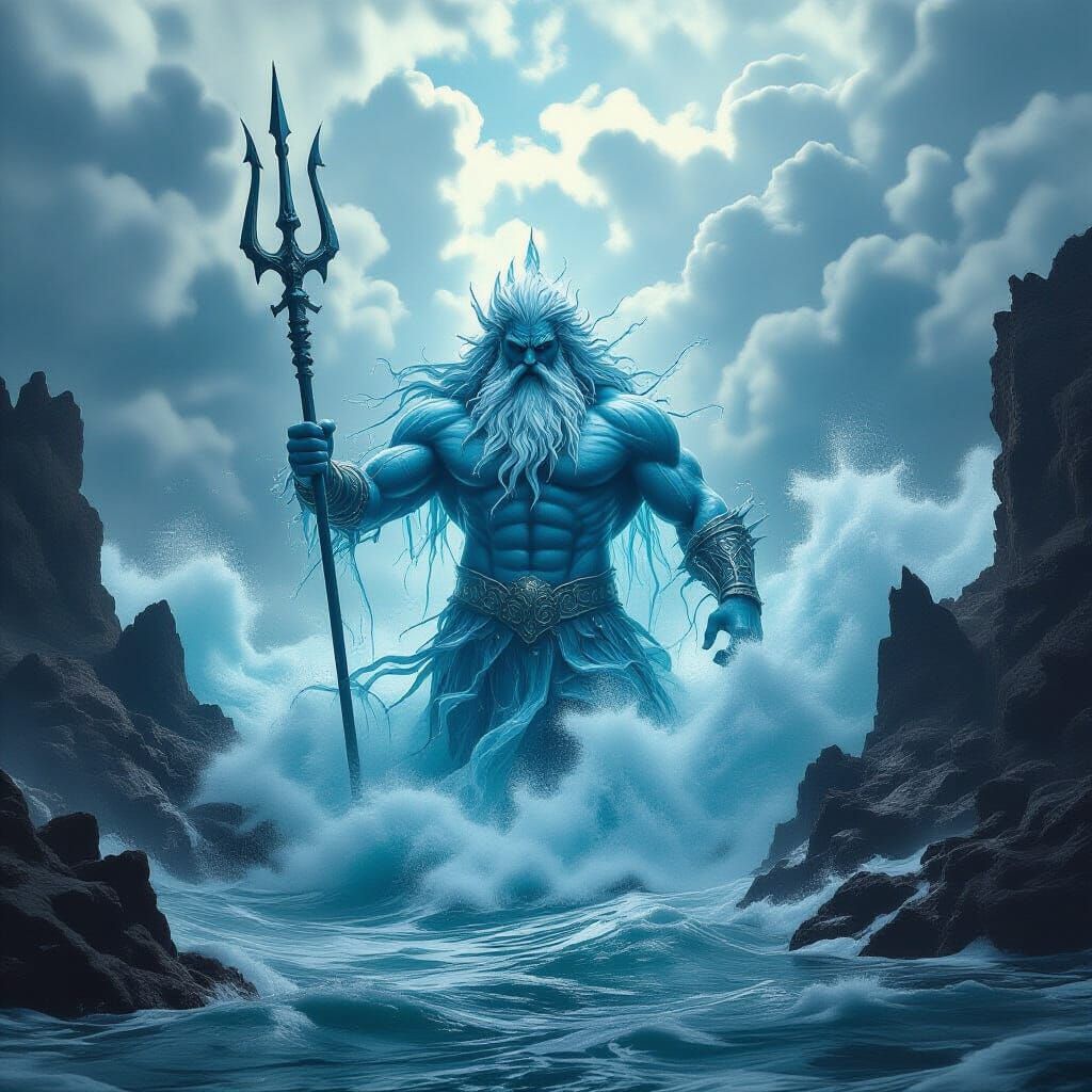 An epic surreal depiction of the god Neptune formed entirely...
