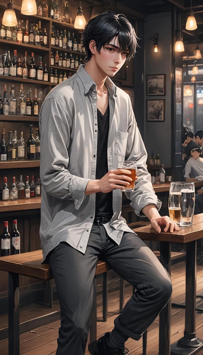 Lonely Man at Bar in 3D Anime Art Style