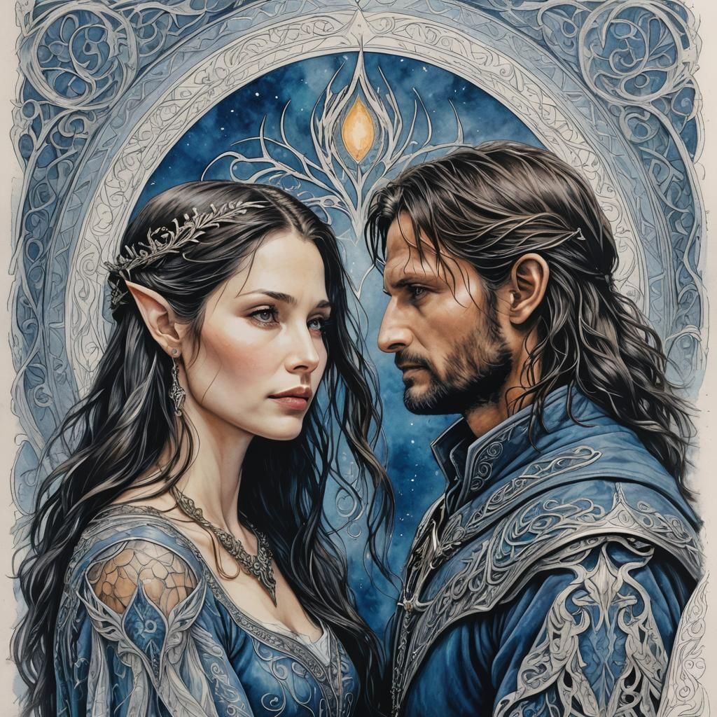 Aragorn and Arwen: An Embrace in Blue and White