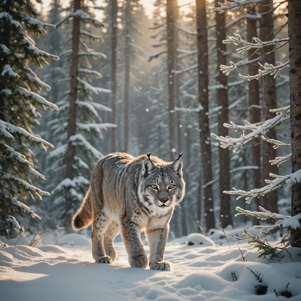 Canadian Snow Lynx in Mountain Forest