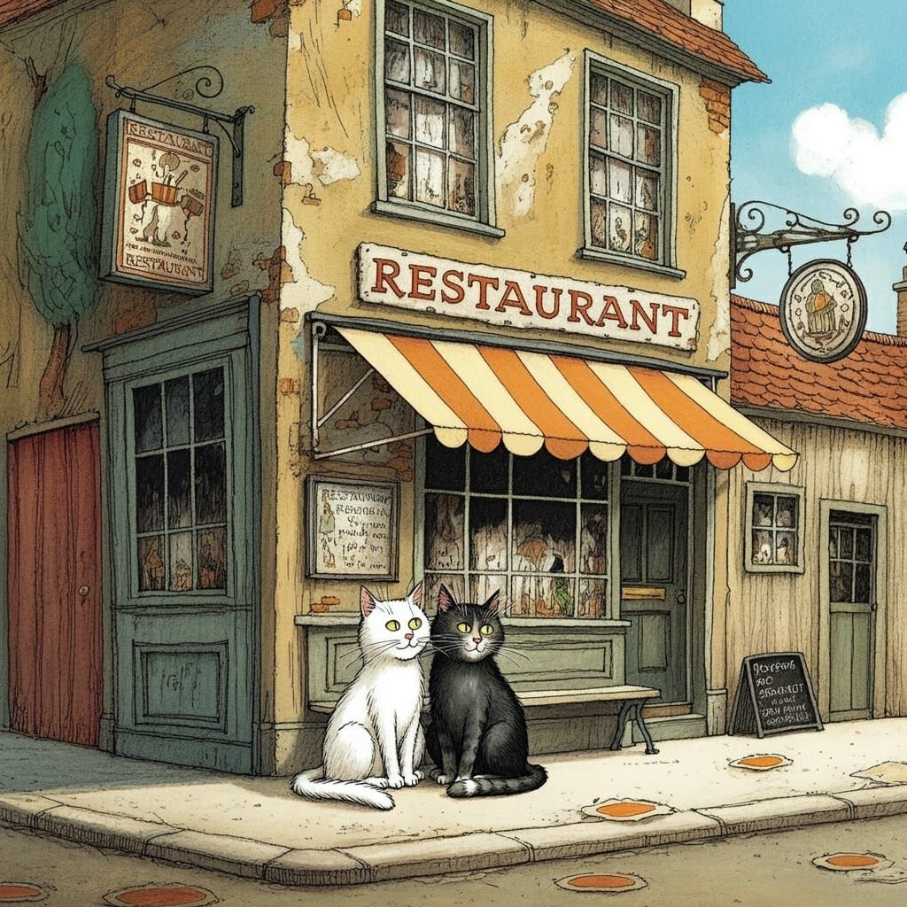 Cats in Front of Restaurant: Whimsical Cartoon Illustration