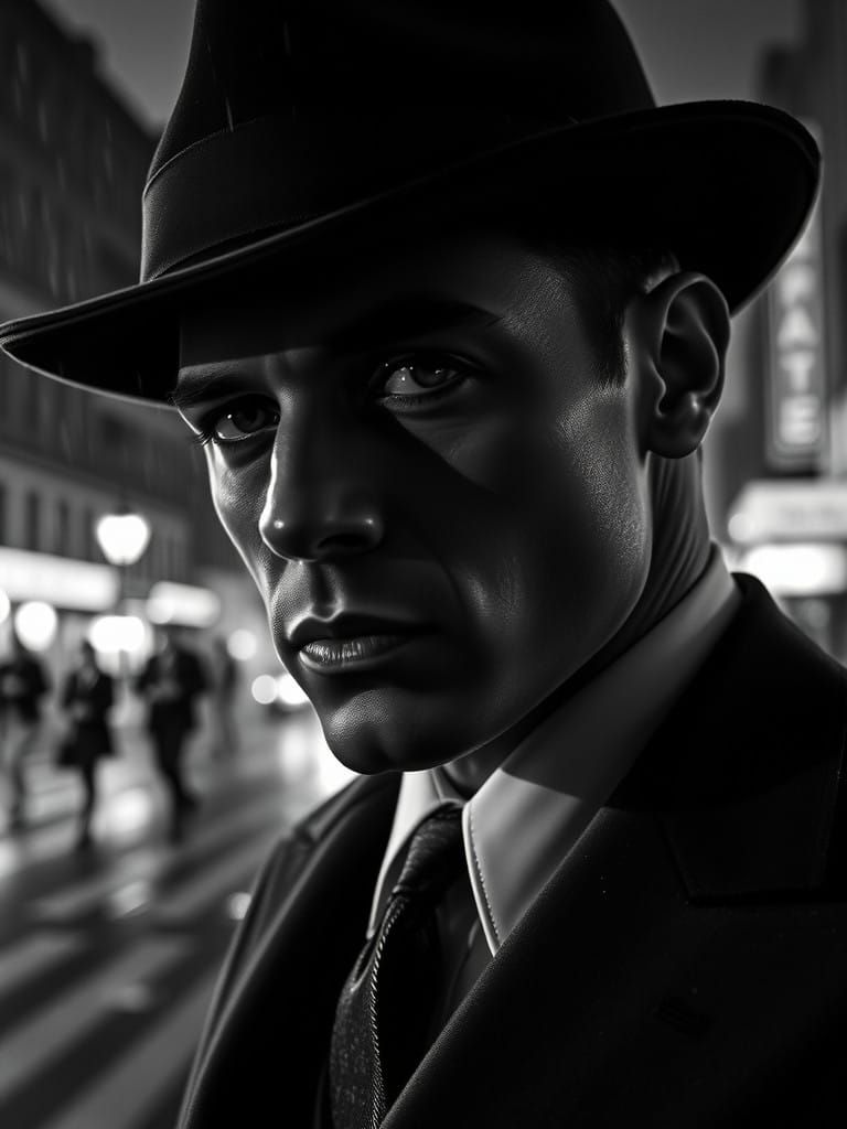 Moody 1940s Film Noir Portrait in Black and White