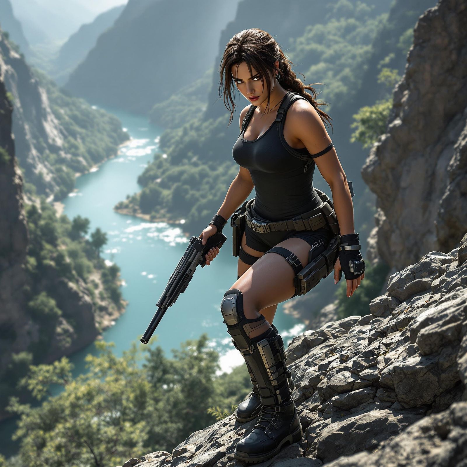 Toned Adventurer Scales Mountain Terrain with Determined Exp...