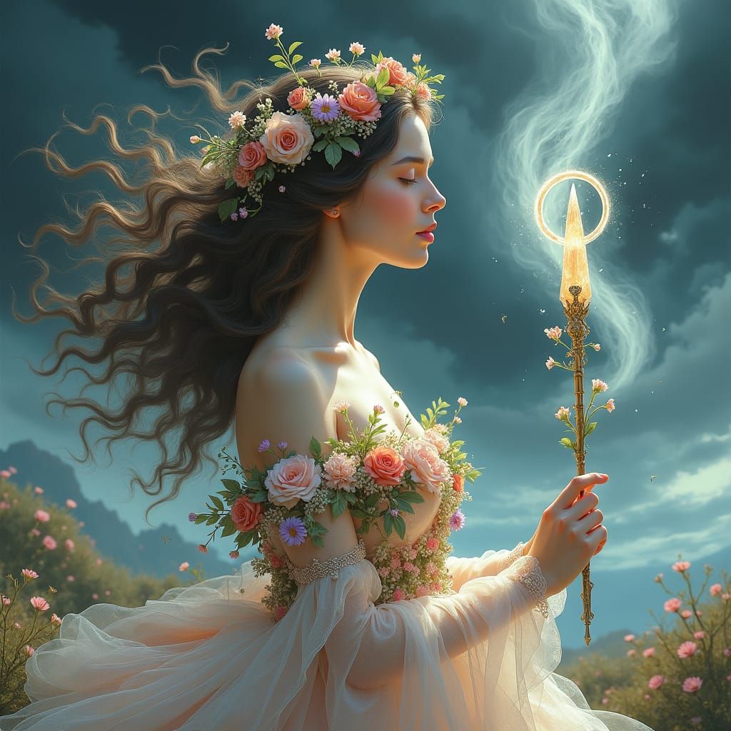 Ethereal Woman with Flower Crown in Hurricane