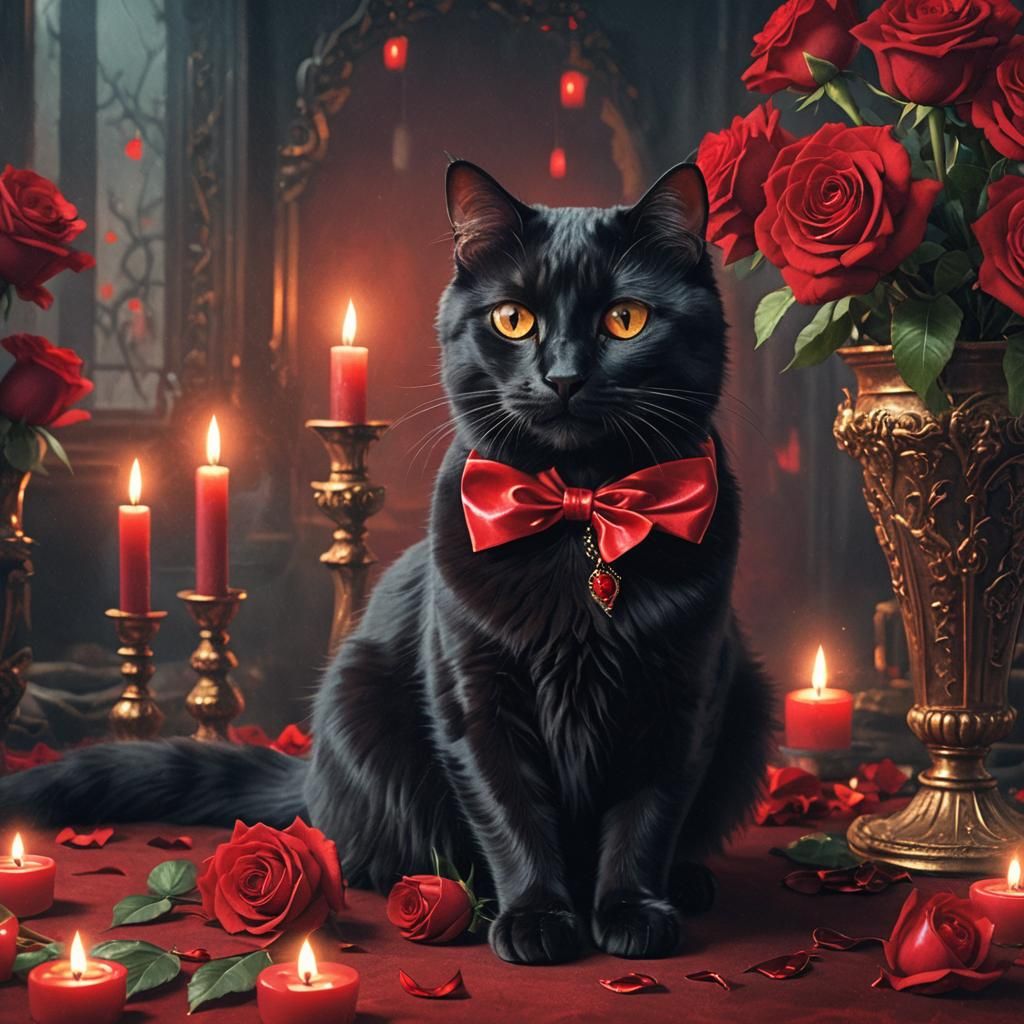 Red-Eyed Black Cat with Rose and Candles