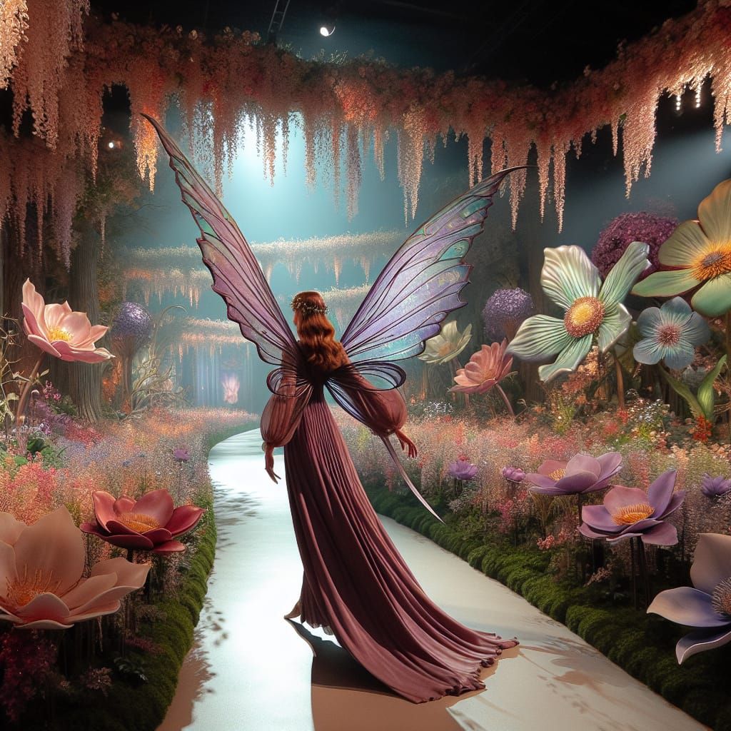 Fantasy Fairy Walking Among Whimsical Flowers