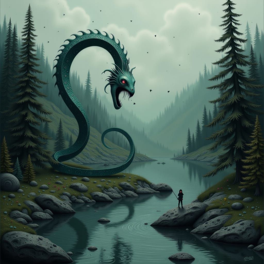 Serpent Lake Monster in Ominous Surrealist Style