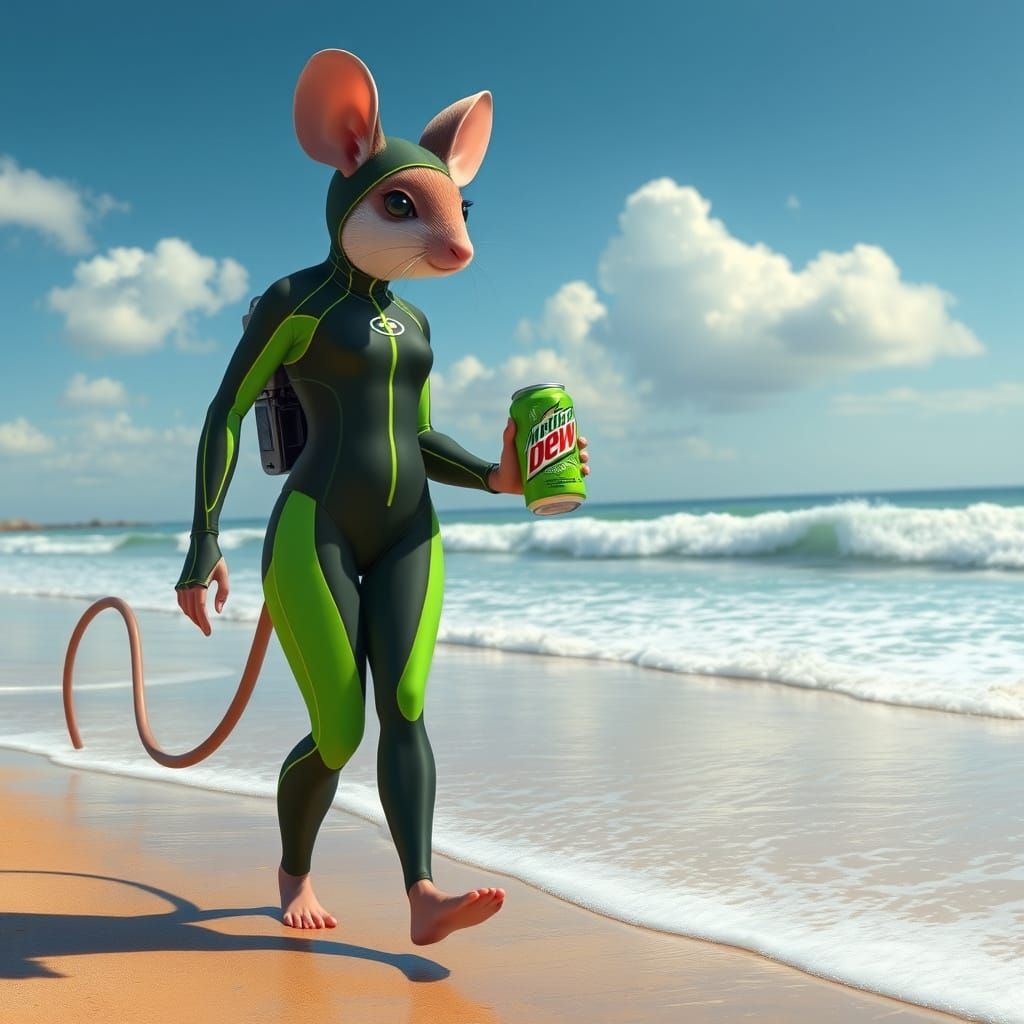 Humanoid Mouse on Beach in Cartoon Style