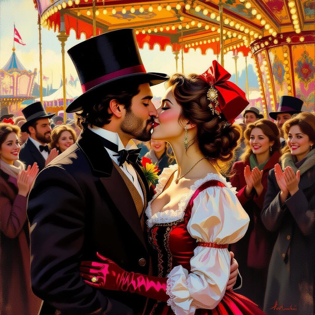 Romantic Kiss at Fairground in an Impressionistic Style